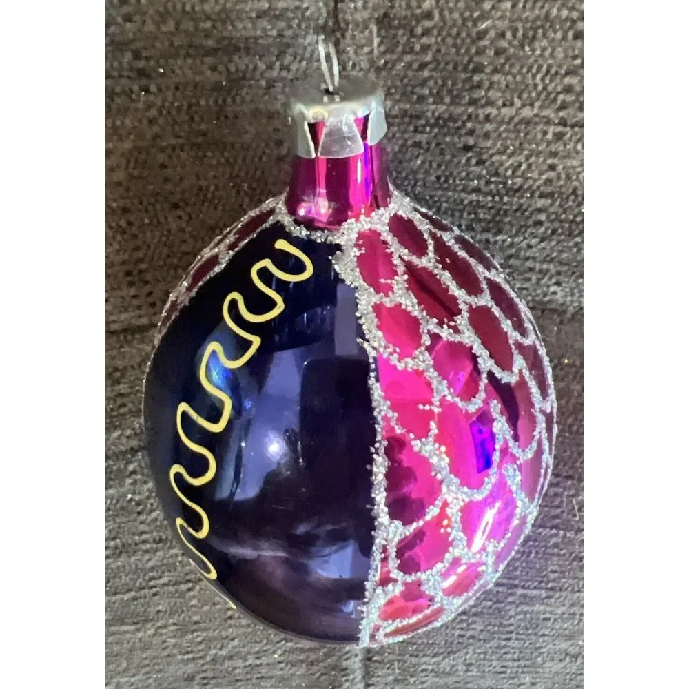 Hand Painted Blown Glass Spire Purple & Blue With Glitter Vintage Christmas Orna